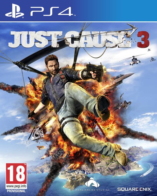 PlayStation 4 Just Cause 3 van Square Enix, voorlopige doos voorkant met man aan parachute en explosie