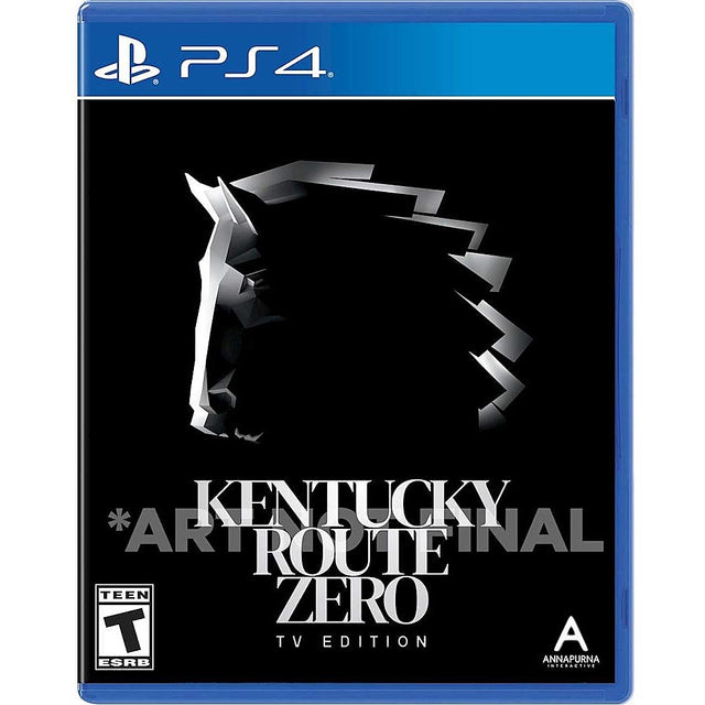 PlayStation 4 Kentucky Route Zero TV Edition, voorlopige doos voorkant met een paardenhoofd op zwart, ESRB-uitgave