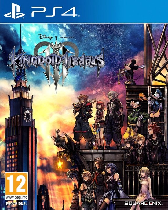 PlayStation 4 Kingdom Hearts III van Square Enix, voorlopige doos voorkant met helden en Disney-figuren op een toren