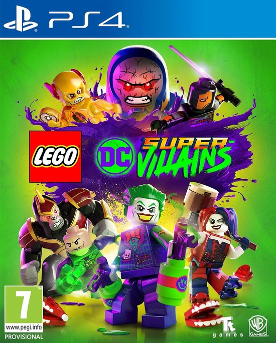 PlayStation 4 LEGO DC Super-Villains van Warner Bros, voorlopige groene doos voorkant met LEGO-schurken en de Joker