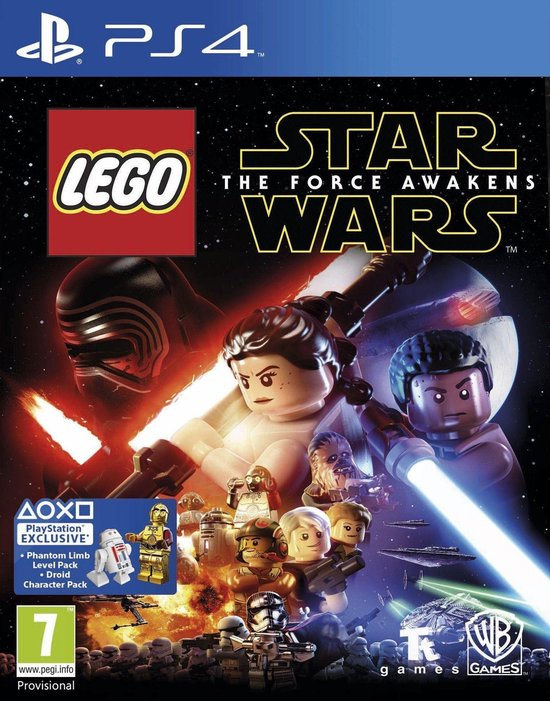 PlayStation 4 LEGO Star Wars The Force Awakens van Warner Bros, voorlopige doos voorkant met LEGO-figuren en lichtzwaarden