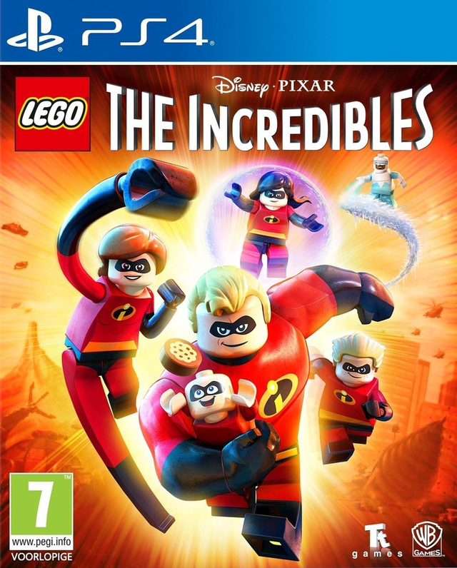 PlayStation 4 LEGO The Incredibles van Warner Bros, voorlopige oranje doos voorkant met de LEGO-superheldenfamilie