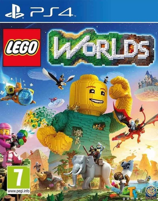 PlayStation 4 LEGO Worlds van Warner Bros, doos voorkant met reusachtig LEGO-poppetje van blokjes, tweedehands