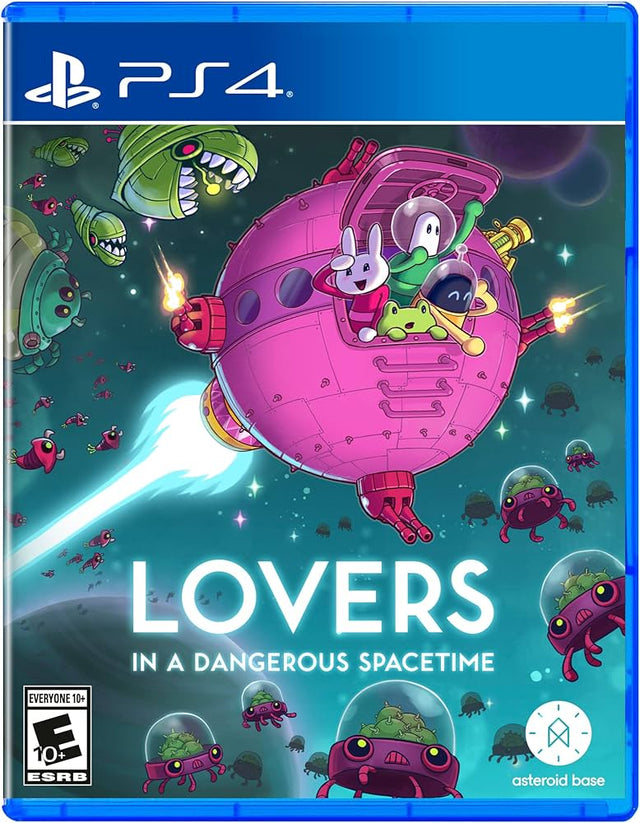 PlayStation 4 Lovers in a Dangerous Spacetime, doos voorkant met een roze ruimteschip tussen monsters, ESRB-uitgave