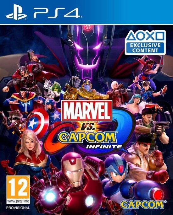 PlayStation 4 Marvel vs. Capcom Infinite van Capcom, voorlopige doos voorkant met helden van Marvel en Capcom, tweedehands