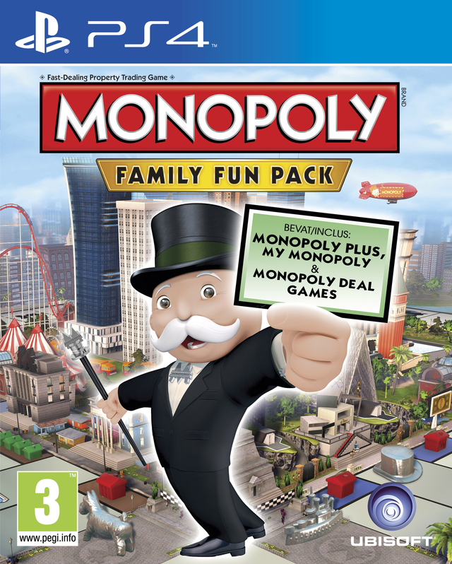 PlayStation 4 Monopoly Family Fun Pack van Ubisoft, doos voorkant met Mr. Monopoly met hoge hoed, tweedehands