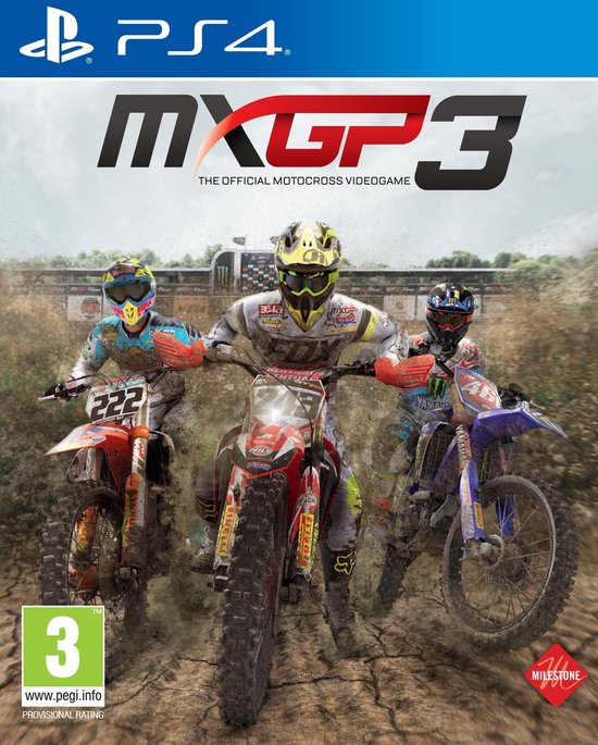 PlayStation 4 MXGP 3 van Milestone, voorlopige doos voorkant met drie crossers in de modder, tweedehands