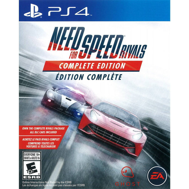 PlayStation 4 Need for Speed Rivals, doos van de Complete Edition met een politiewagen en een rode sportwagen, ESRB-uitgave