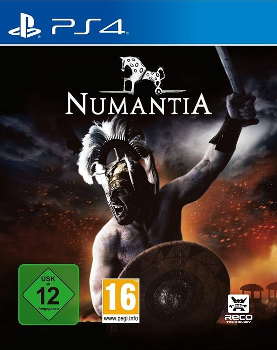 PlayStation 4 Numantia van Reco Technology, doos voorkant met schreeuwende krijger met schild, USK 12-label