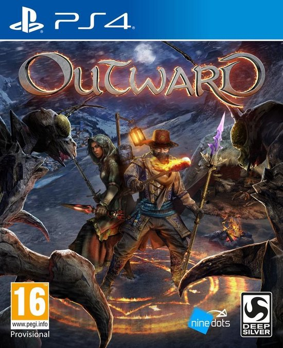 PlayStation 4 Outward van Deep Silver, voorlopige doos voorkant met twee avonturiers met lantaarn en speer, tweedehands