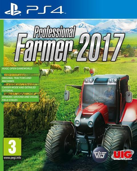 PlayStation 4 Professional Farmer 2017 van UIG, doos voorkant met rode tractor in een weiland, tweedehands