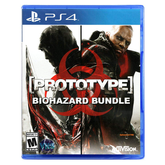 PlayStation 4 Prototype Biohazard Bundle, doos voorkant met twee mannen en een rood biohazard-teken, ESRB-uitgave