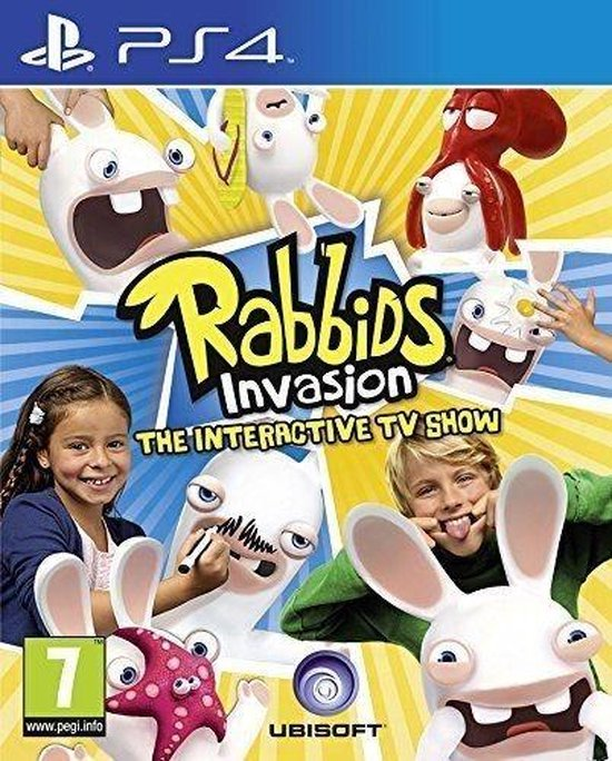 PlayStation 4 Rabbids Invasion van Ubisoft, gele doos voorkant met gekke konijnen en kinderen, tweedehands