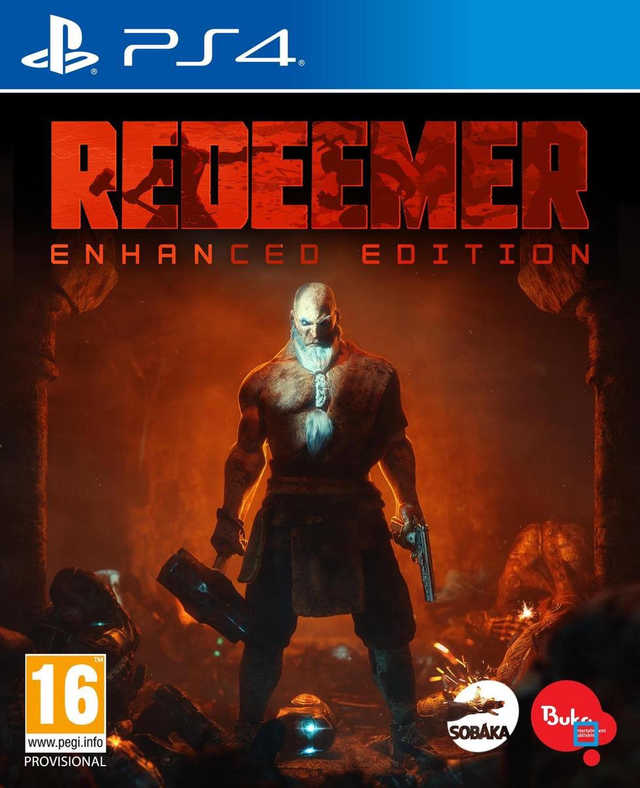 PlayStation 4 Redeemer Enhanced Edition van Buka, voorlopige rode doos voorkant met bebaarde vechter
