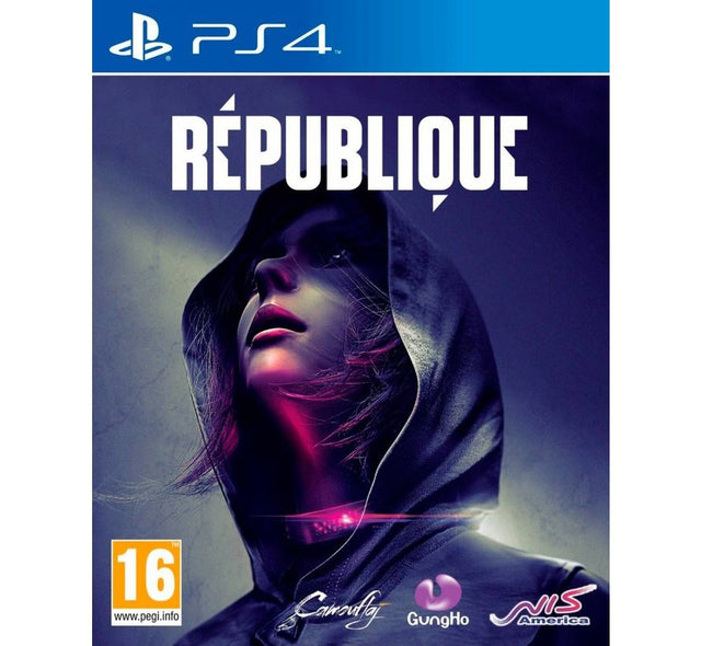 PlayStation 4 République, doos voorkant met een vrouw met capuchon in paars en roze licht