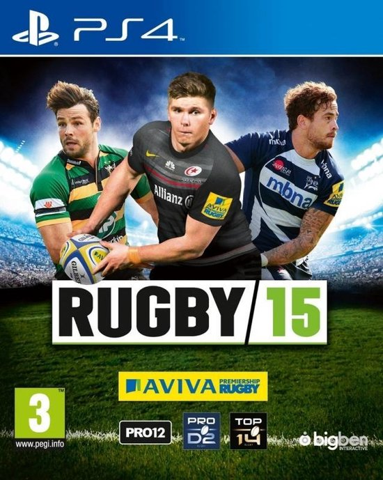 PlayStation 4 Rugby 15 van Bigben, doos voorkant met drie rugbyspelers, tweedehands