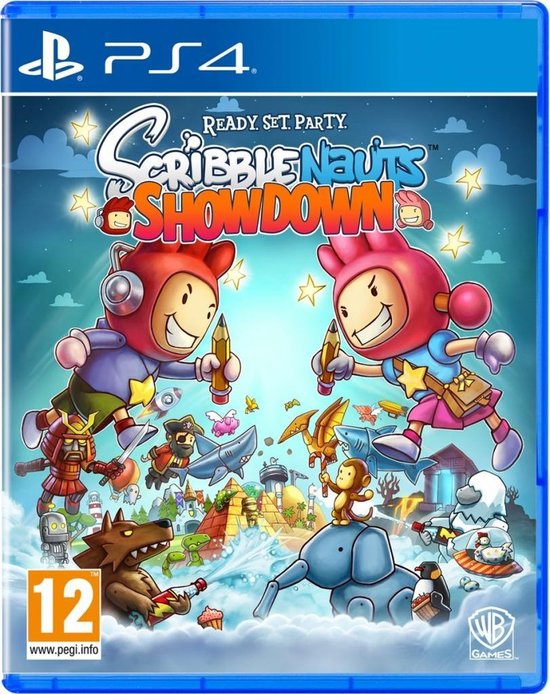PlayStation 4 Scribblenauts Showdown van Warner Bros, doos voorkant met twee getekende figuren met potlood, tweedehands