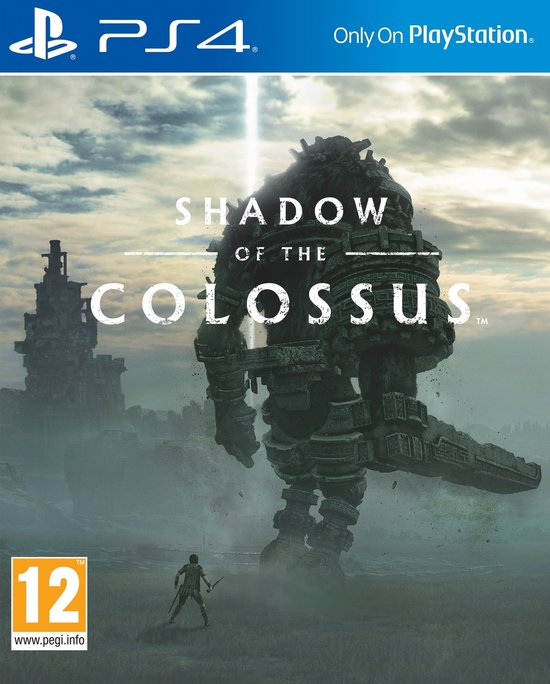 PlayStation 4 Shadow of the Colossus, doos voorkant met reusachtige kolos en kleine held in de mist, tweedehands