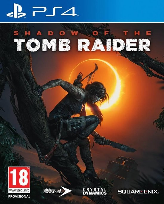 PlayStation 4 Shadow of the Tomb Raider van Square Enix, voorlopige doos voorkant met klimmende vrouw in een boom