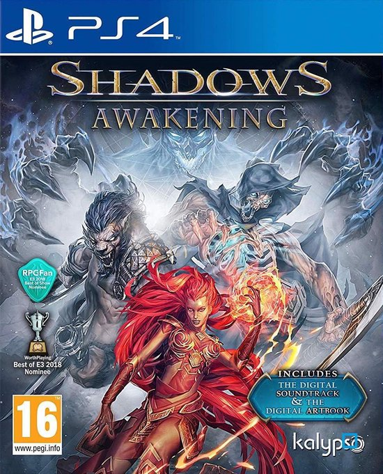 PlayStation 4 Shadows Awakening van Kalypso, doos voorkant met vrouw in rood vuur en schimmen, tweedehands