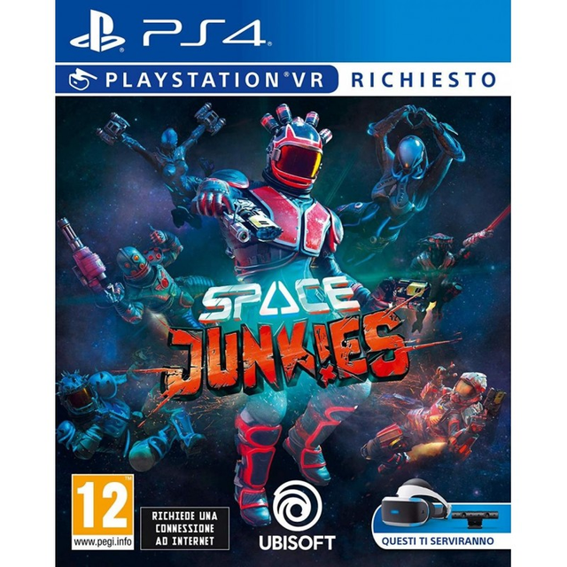 PlayStation 4 Space Junkies van Ubisoft, doos voorkant met strijders in de ruimte, Italiaanse uitgave, PlayStation VR vereist