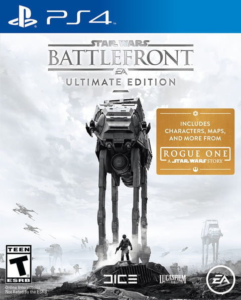 PlayStation 4 Star Wars Battlefront Ultimate Edition, witte doos voorkant met een AT-AT in de sneeuw, ESRB-uitgave