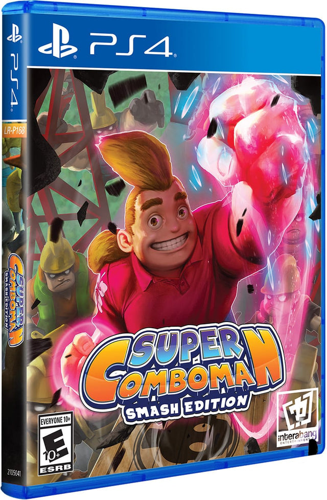 PlayStation 4 Super Comboman Smash Edition, Limited Run-hoes met een lachende man met roze vuist, ESRB-uitgave