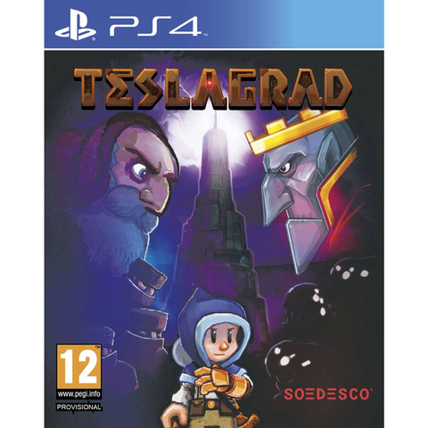 PlayStation 4 Teslagrad van Soedesco, voorlopige doos voorkant met jongen voor een toren en twee koningen