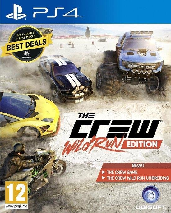 PlayStation 4 The Crew Wild Run Edition van Ubisoft, doos voorkant met auto's en motor, Best Deals-sticker, tweedehands