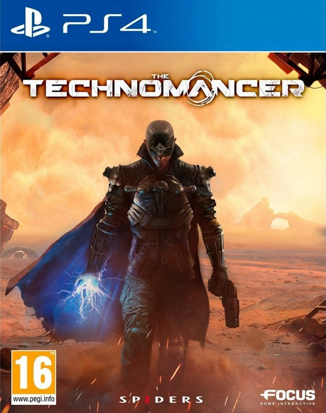 PlayStation 4 The Technomancer van Focus, doos voorkant met man in lange jas met bliksem in de woestijn, tweedehands