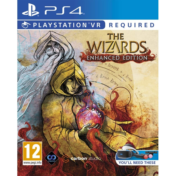 PlayStation 4 The Wizards, doos voorkant van de Enhanced Edition met tovenaar in gele mantel, PlayStation VR vereist