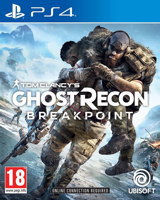 PlayStation 4 Tom Clancy's Ghost Recon Breakpoint van Ubisoft, doos voorkant met soldaat die een gewonde draagt, tweedehands