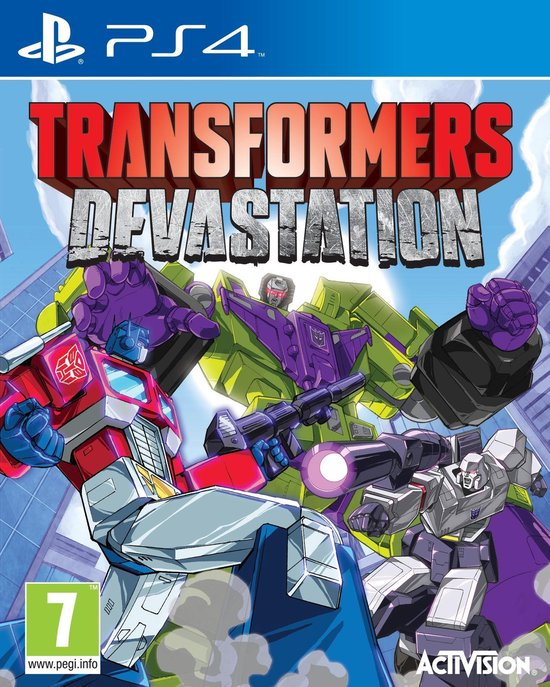 PlayStation 4 Transformers Devastation van Activision, doos voorkant met Optimus Prime, Devastator en Megatron, tweedehands