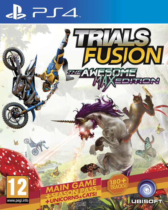 PlayStation 4 Trials Fusion The Awesome MAX Edition van Ubisoft, doos voorkant met motorcrosser en eenhoorn, tweedehands