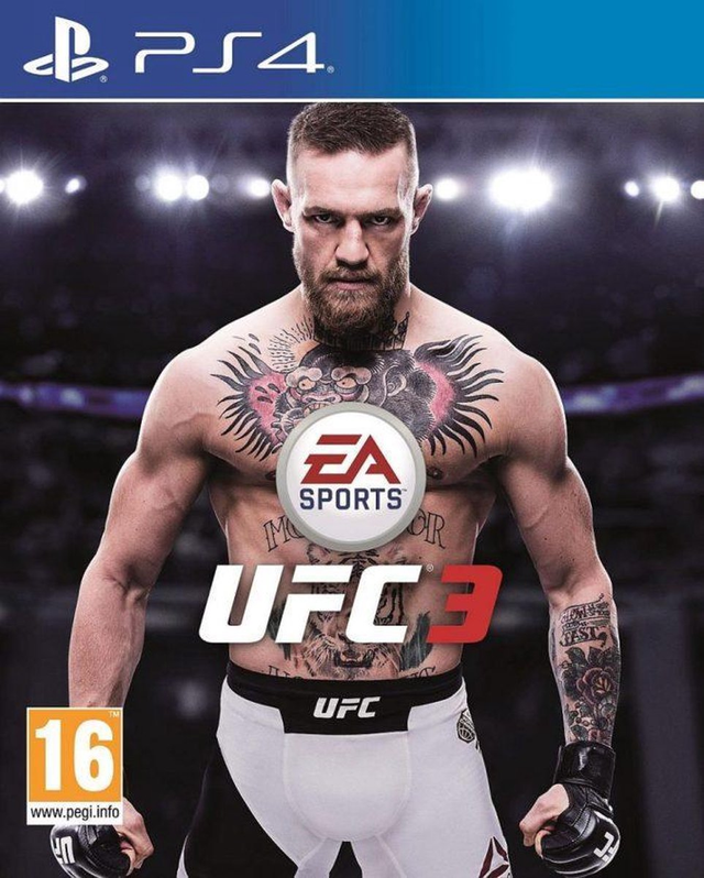 PlayStation 4 EA Sports UFC 3, doos voorkant met getatoeëerde vechter in UFC-broek, tweedehands