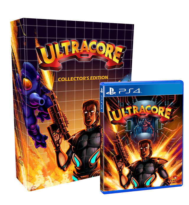 PlayStation 4 Ultracore Collector's Edition, verzameldoos met hoes ervoor, gewapende held en robot, tweedehands