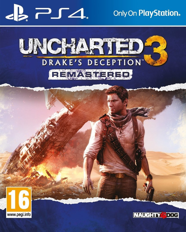 PlayStation 4 Uncharted 3 Drake's Deception Remastered, doos voorkant met Nathan Drake in de woestijn, tweedehands