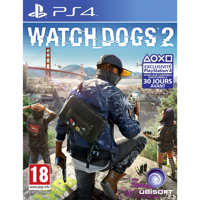 PlayStation 4 Watch Dogs 2 van Ubisoft, voorlopige Franse doos voorkant met hacker en Golden Gate Bridge