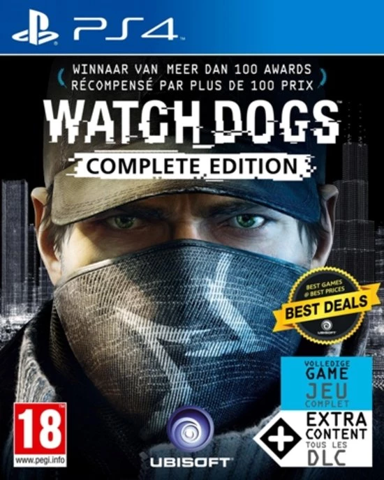 PlayStation 4 Watch Dogs Complete Edition van Ubisoft, doos voorkant met Aiden Pearce met pet en mondkap, tweedehands
