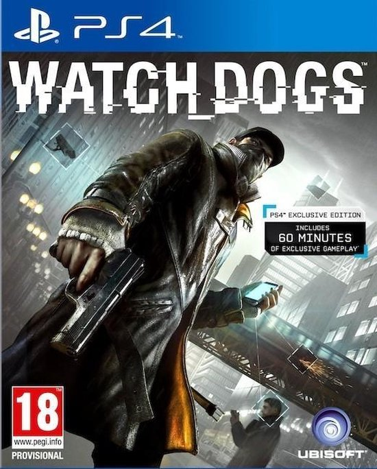 PlayStation 4 Watch Dogs van Ubisoft, voorlopige doos voorkant met man in lange jas met pistool en telefoon