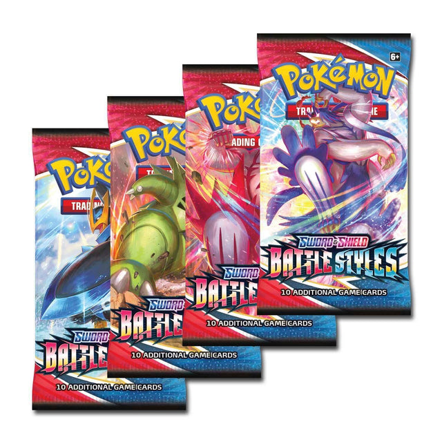 Pokémon Sword & Shield Battle Styles booster pack, vier zakjes met verschillende afbeeldingen naast elkaar