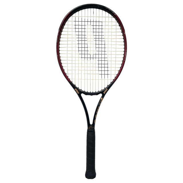 Prince Precision Graphite tennisracket, donkerrood-zwart, met zwarte grip, vooraanzicht, tweedehands
