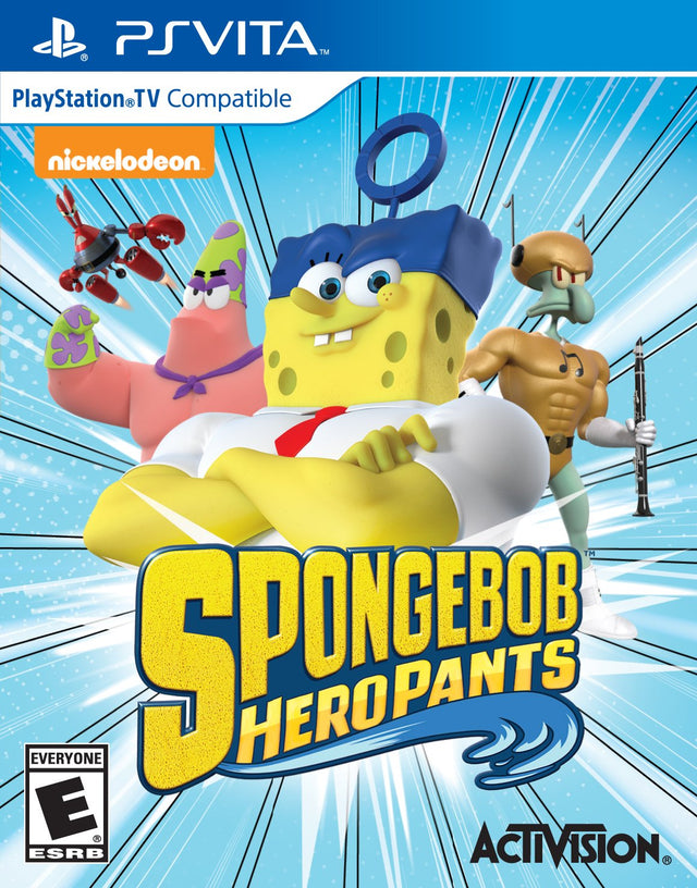 PlayStation Vita SpongeBob HeroPants, doos voorkant met SpongeBob, Patrick en Octo als helden, Amerikaanse ESRB-uitgave