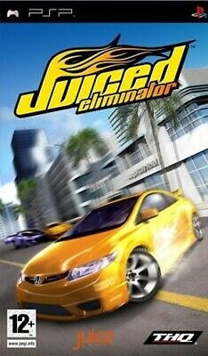 PlayStation Portable PSP Juiced Eliminator van THQ, doos voorkant met een gele sportwagen, tweedehands