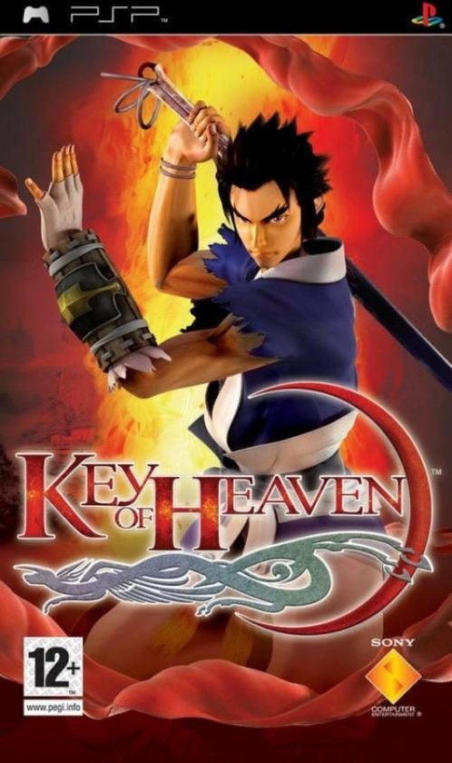 PlayStation Portable PSP Key of Heaven van Sony, doos voorkant met een zwaardvechter op rood, tweedehands