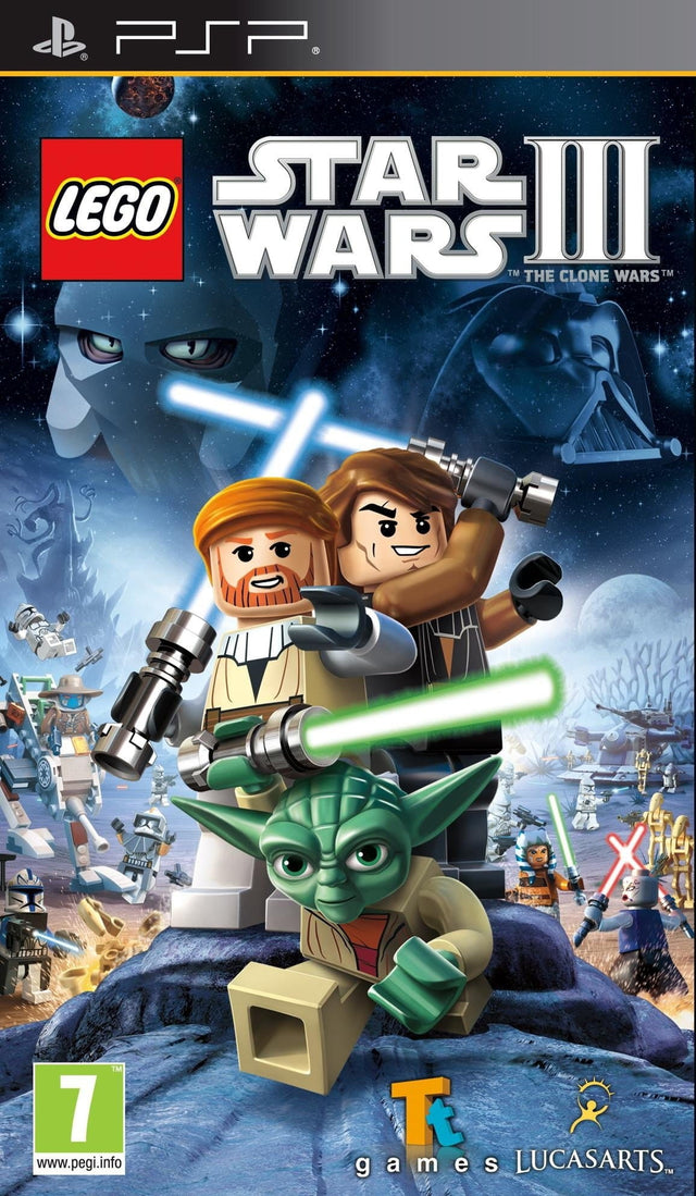 PlayStation Portable PSP LEGO Star Wars III The Clone Wars, doos voorkant met Yoda en Obi-Wan, tweedehands