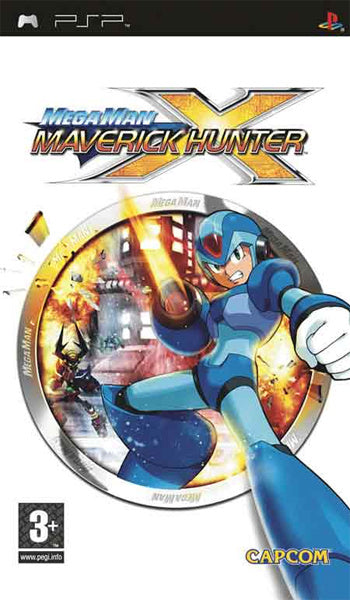 PlayStation Portable PSP Mega Man Maverick Hunter X van Capcom, doos voorkant met X in blauw pantser, tweedehands