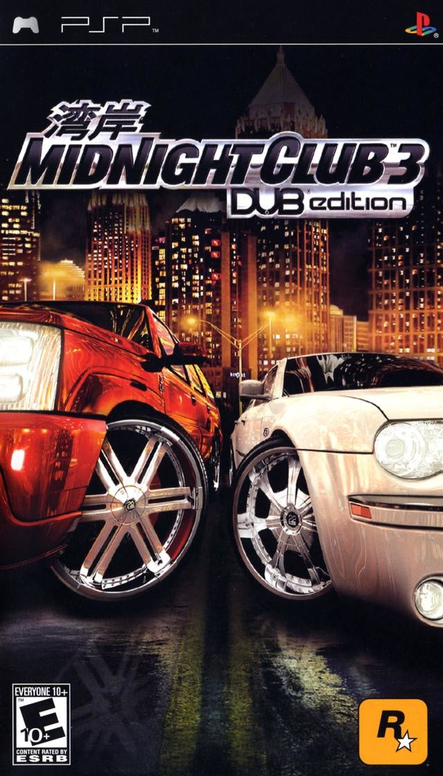 PlayStation Portable PSP Midnight Club 3 Dub Edition, doos voorkant, Amerikaanse ESRB-uitgave