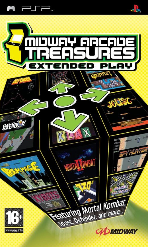 PlayStation Portable PSP Midway Arcade Treasures Extended Play, gele doos voorkant met een kubus vol arcadespellen