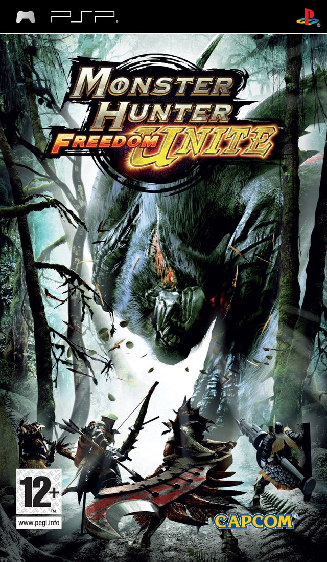 PlayStation Portable PSP Monster Hunter Freedom Unite van Capcom, doos voorkant met een monster in het bos, tweedehands